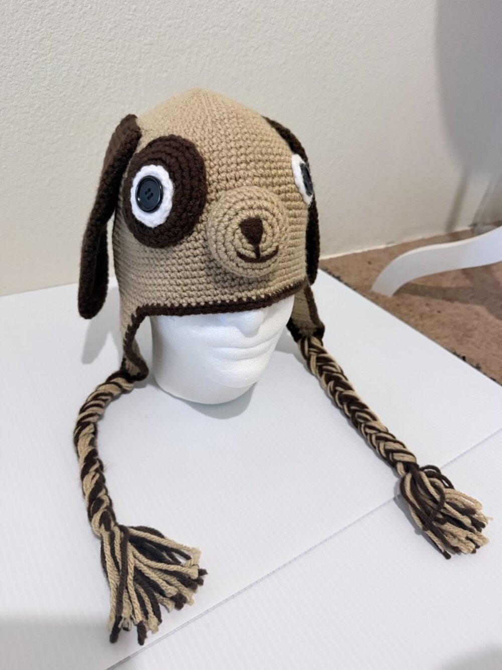 Hand Crochet Puppy Dog Earflap with Braided Tassels